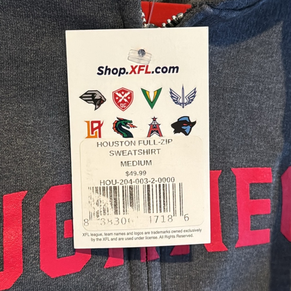 XFL Roughnecks zip up hoodie size Medium NWT - Picture 2 of 7